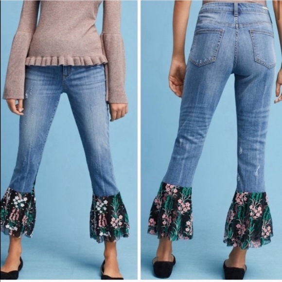 Pilcro and the Letterpress Denim - Pilcro and the Letterpress Flare Flounce Floral Hem Bell Bottom Jeans Size 27